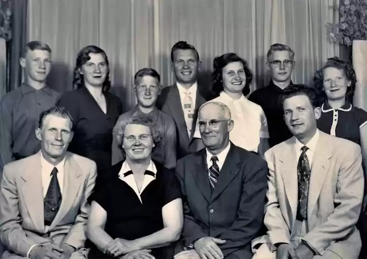 Cole family-Top row left-Leroy, Ella, Alfred, Wayne, Esther, Charles, & Arlene. Bottom row from the left- Eldon, Nellie & Otis (the parents), Raymond. Ella worked as a secretary to HWA 